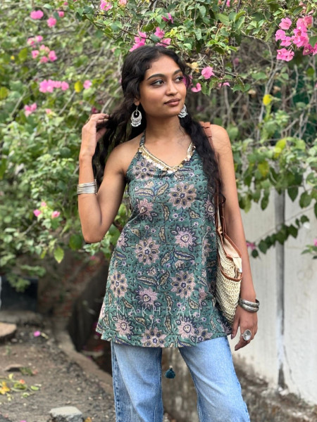 Mirelle Rama greenFloral Printed Top with Sequin Neckline