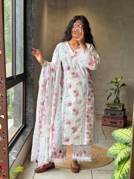 Ruhika White Suit Set with Floral Print and Lace Detailing