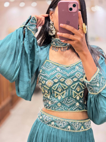 Emerald Green Indo-Western Lehenga Set with Mirror Work