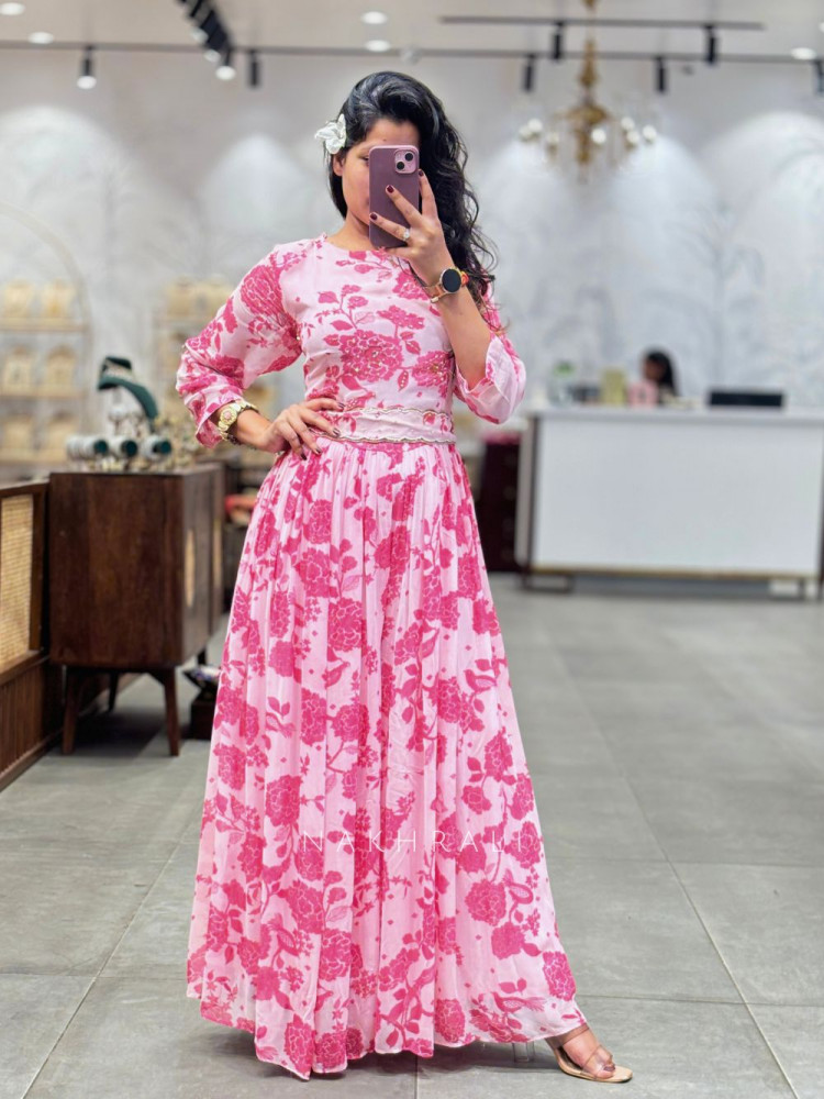 Image of Pink Floral Printed Jumpsuit with Waist Belt