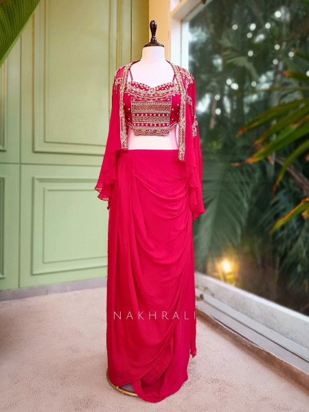 Ruhani Red Crop Top Skirt Set with Embroidered Shrug