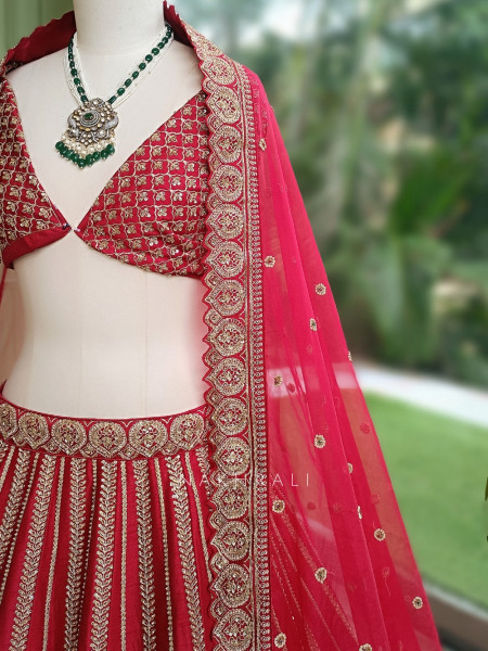 Vasundhira Red Unstitched Lehenga with Gota Patti and Zari Work