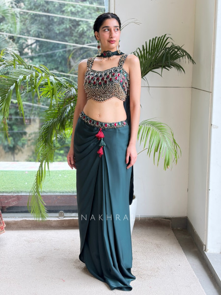 Kritisha Deep Green Indo-Western Draped Skirt Set