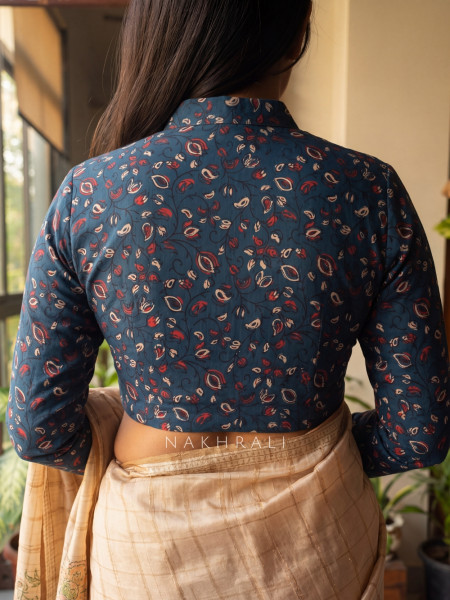 Sutrangan Dark Blue Printed Blouse Full Sleeves and Mandarin Collar