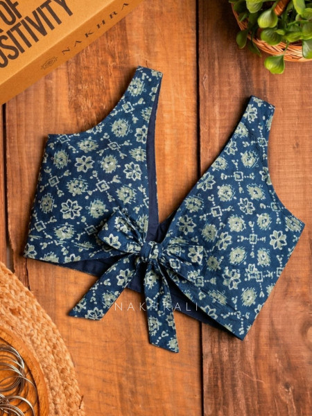 Rupansh Blue Printed Blouse with Back Bow