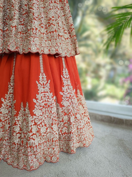 Ruhvika Royal Orange Embroidered Lehenga Set with Mirror and Stone Work