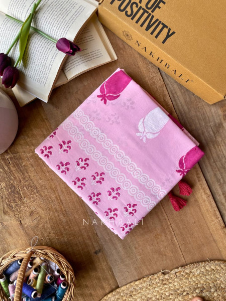 Ankan Light Pink Cotton Saree with Block Print