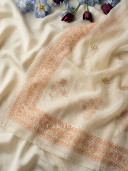 Lioren Cream Floral Printed Dress Material with Thread Embroidery
