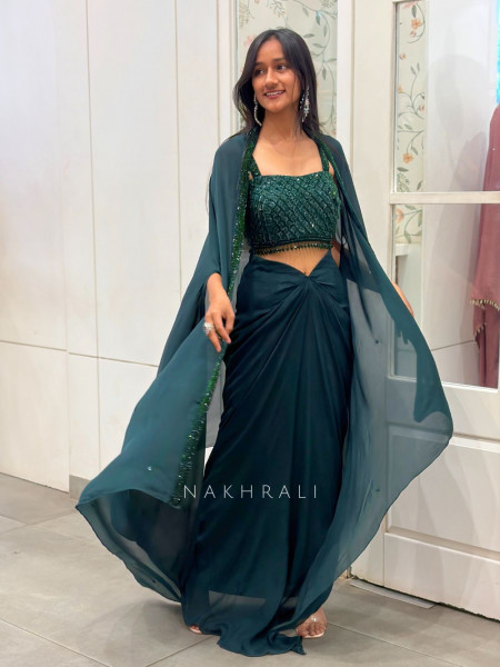 Rivora Green Sequin Cut Dana Crop Top Drape Skirt Set with Cape