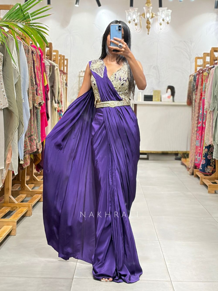Image of Solmira Purple Drape Saree with Sequin Zari Work