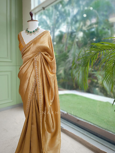 Rivora Mustard Zari Woven Saree with Ornate Border Design