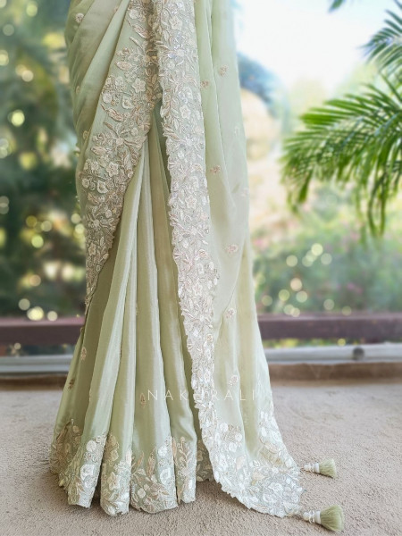 Rishka Pista Green Saree with Embroidery and Sequin Work