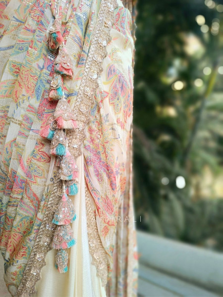 Mrinal Cream Drape Saree with Floral Print and Sequin Border