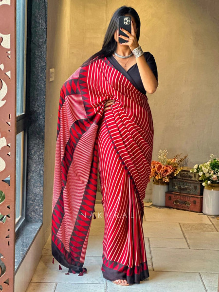 Ravya Red Modal Silk Saree with Stripe Weave