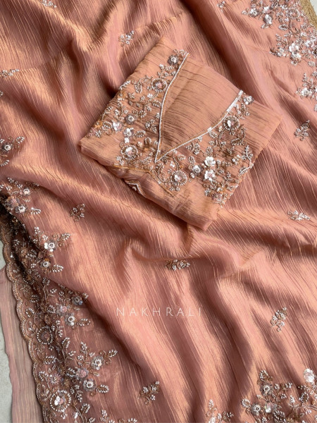 Roselle Gleam  Peach Crushed Shimmer Silk Saree With Zardozi & Aari Work