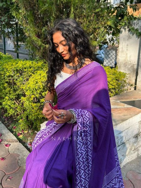Vanika Purple Cotton Handblock Saree