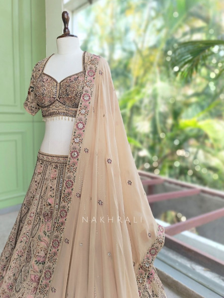 Solene Beige Embroidered Lehenga Set with Thread Work