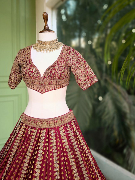 Nayrita Maroon Bridal Lehenga with Zari Sequin and Gota Work