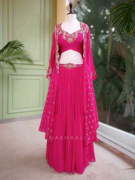 Zariyah Magenta Embroidered Crop Top Skirt Set with Cape