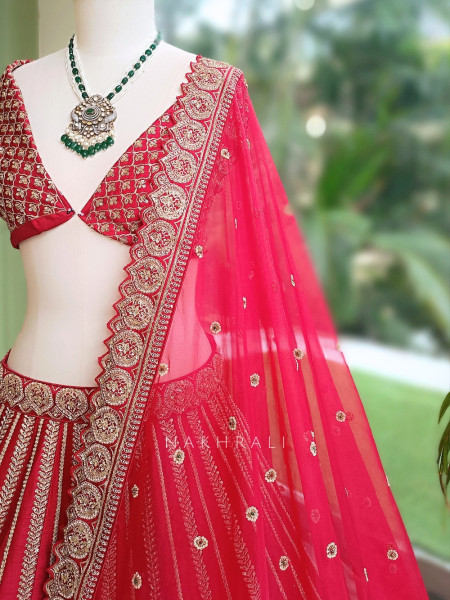 Vasundhira Red Unstitched Lehenga with Gota Patti and Zari Work