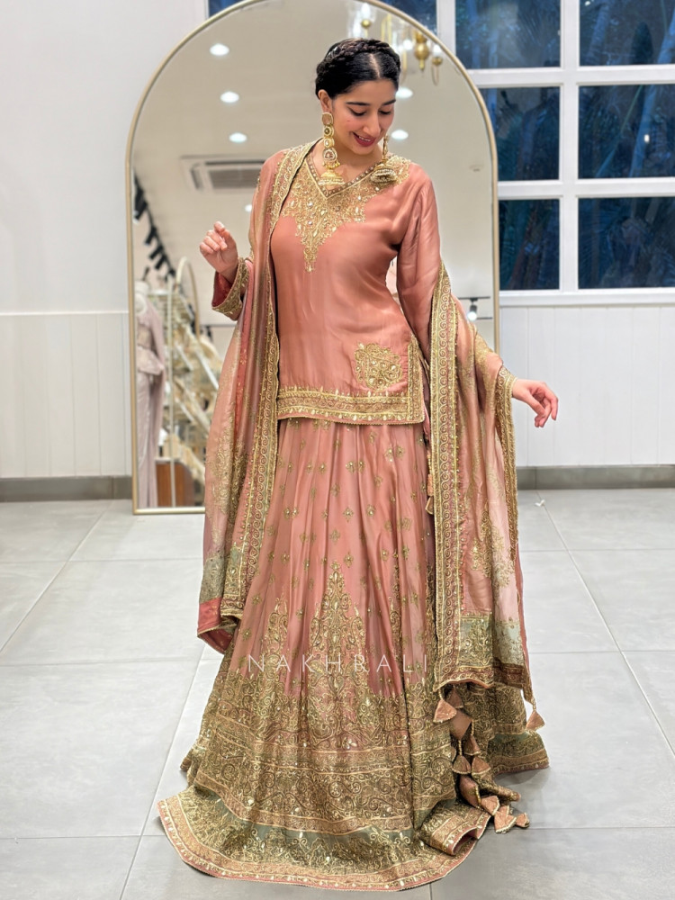 Image of Gul-ru Peach Short Kurti Lehenga Set With Zardozi &amp; Kundan Work