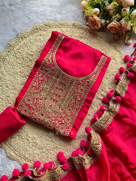 Zarika Magenta Embroidered Neck Dress Material Set