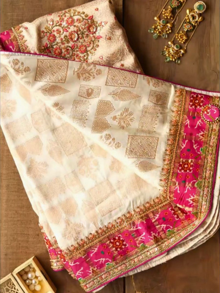 Samriddhi Cream Saree with Embroidery & Readymade Blouse