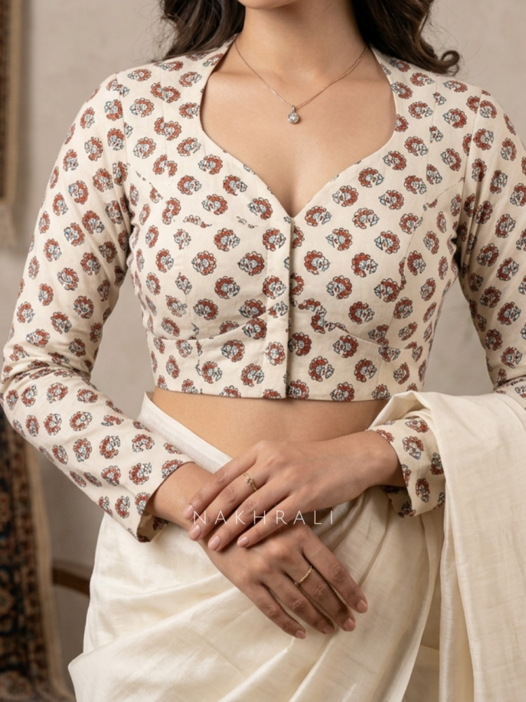 Image of Sutrangan Cream Printed Blouse Full Sleeves and Mandarin Collar