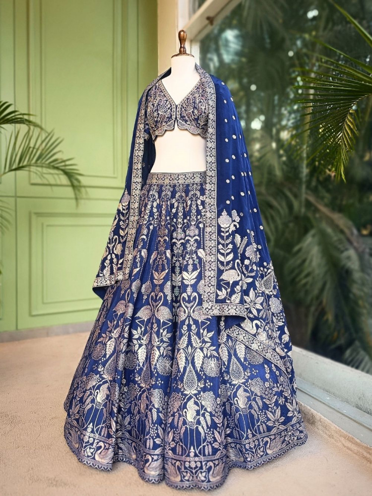 Image of Sereva Blue Lehenga Set with Silver Brocade Work