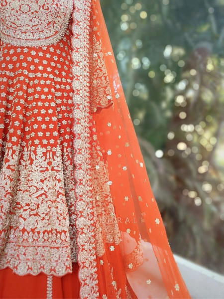 Ruhvika Royal Orange Embroidered Lehenga Set with Mirror and Stone Work
