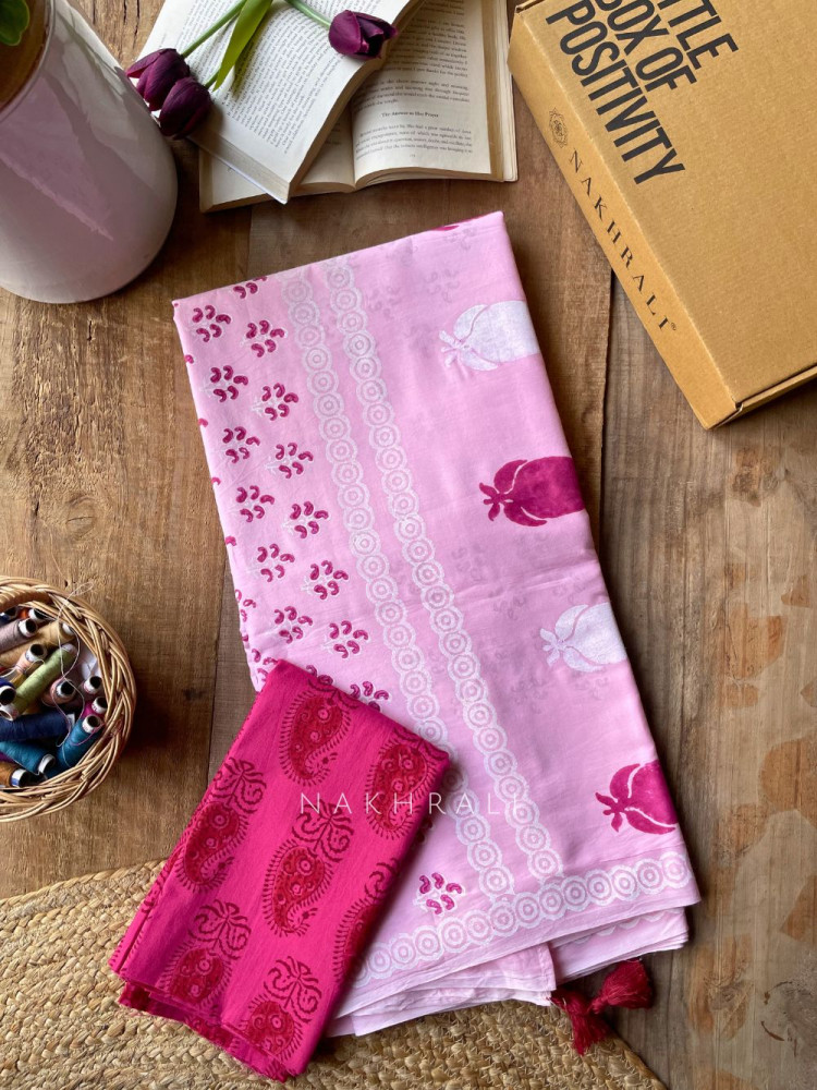 Image of Ankan Light Pink Cotton Saree with Block Print