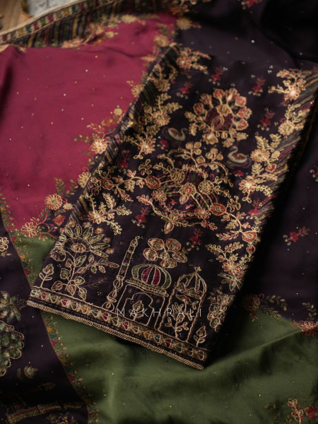 Sultana Wine Dress Material Set with Heavy Embroidery Work