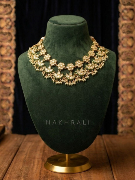 Chandrika Green Kundan Necklace Set with Pearl Drops