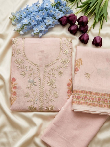 Lioren Peach Floral Printed Dress Material with Thread Embroidery