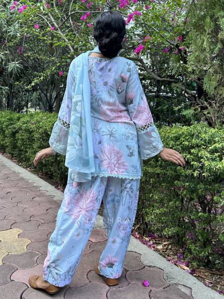 Pavira Blue Floral Suit Set with Lace Detailing