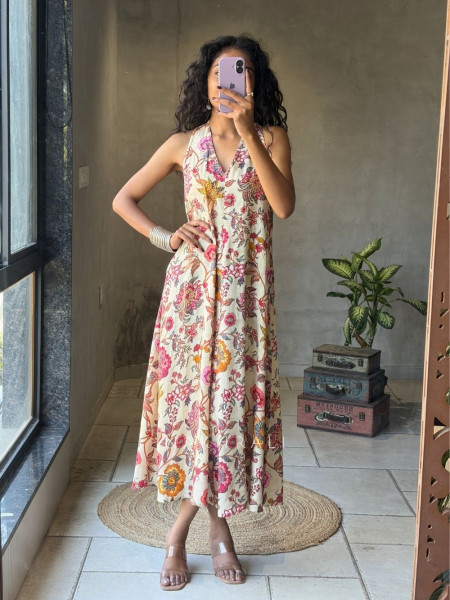 Breeze Muse Cream Floral Printed A-Line Dress