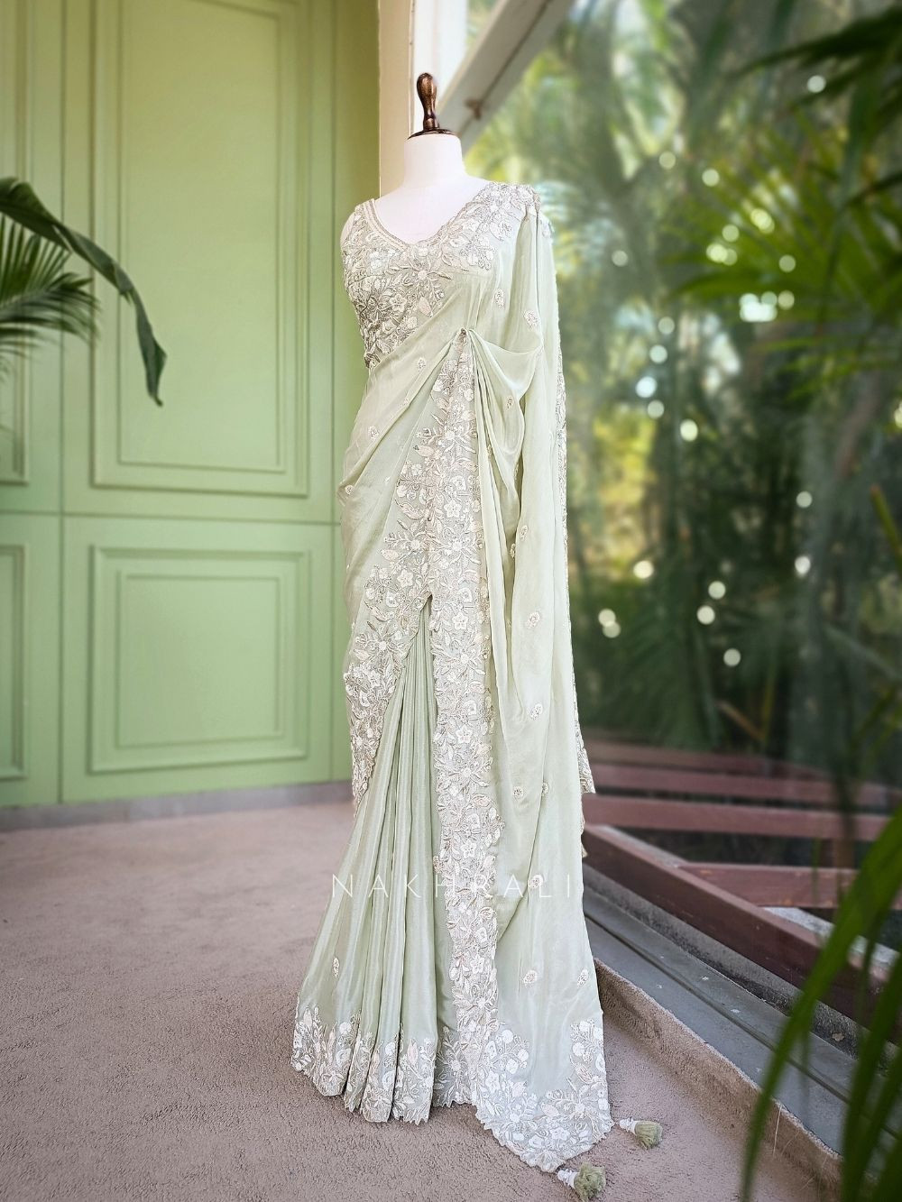 Tnt Rishka Rishka Pista Green Saree with Embroidery and Sequin Work