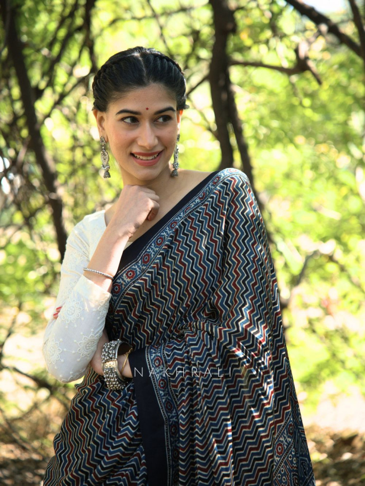 Image of Navy Blue Ajrak Print Modal Silk Saree