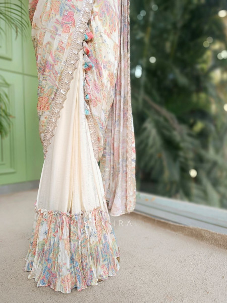 Mrinal Cream Drape Saree with Floral Print and Sequin Border