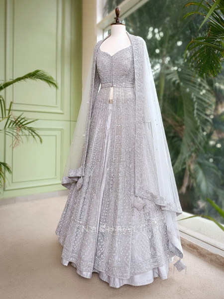 Mystic Moon Grey Indowestern Lehenga with Sequin and Cutdana Embellishment