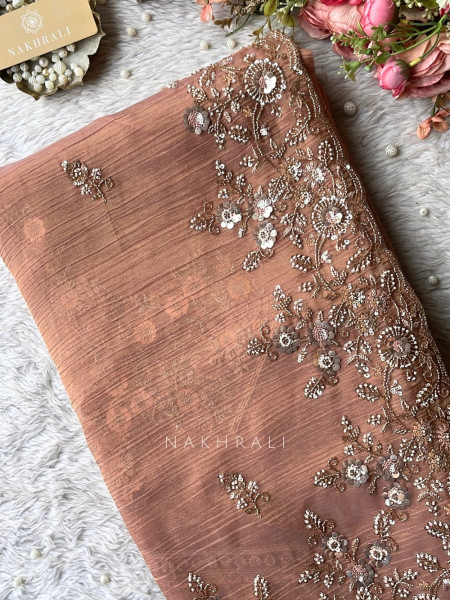 Roselle Gleam  Peach Crushed Shimmer Silk Saree With Zardozi & Aari Work