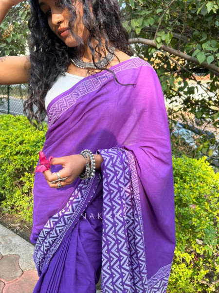Vanika Purple Cotton Handblock Saree