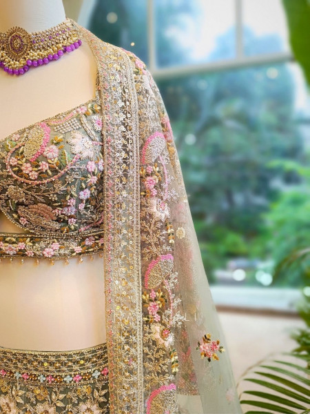 Elysian Green Embroidered Lehenga with Heavy Zari & Sequin Work