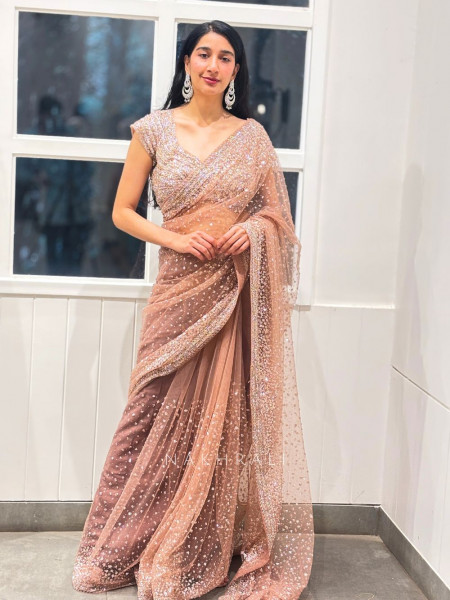 Regal Blush Brown Saree with Readymade Blouse