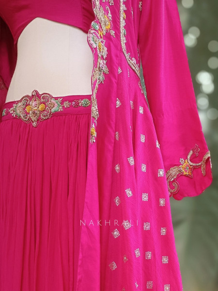 Zariyah Magenta Embroidered Crop Top Skirt Set with Cape