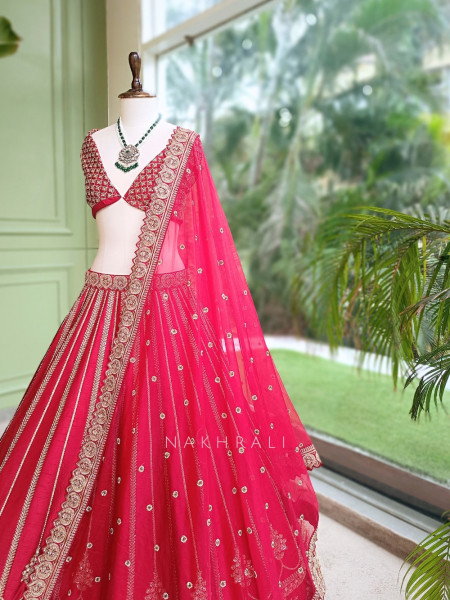 Vasundhira Red Unstitched Lehenga with Gota Patti and Zari Work