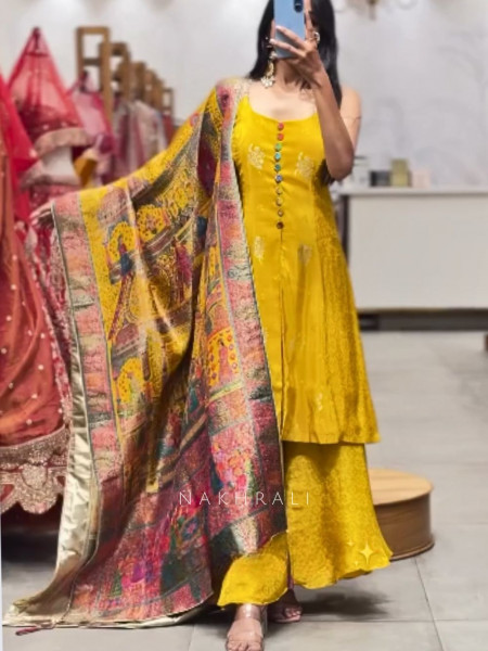 Amber Glow Silk Suit Set with Banarasi Dupatta