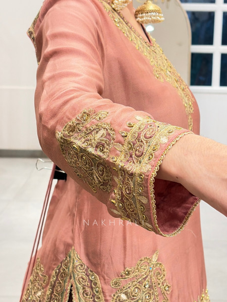 Gul-ru Peach Short Kurti Lehenga Set With Zardozi & Kundan Work