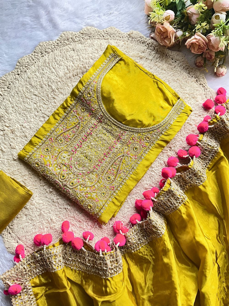 Image of Zarika Mehendi Green Embroidered Neck Dress Material Set