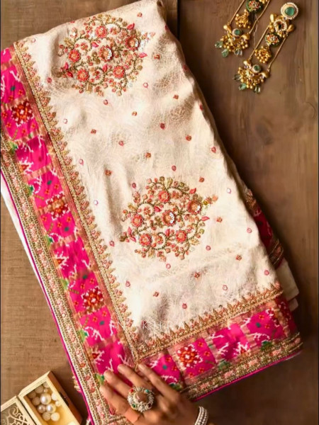 Samriddhi Cream Saree with Embroidery & Readymade Blouse